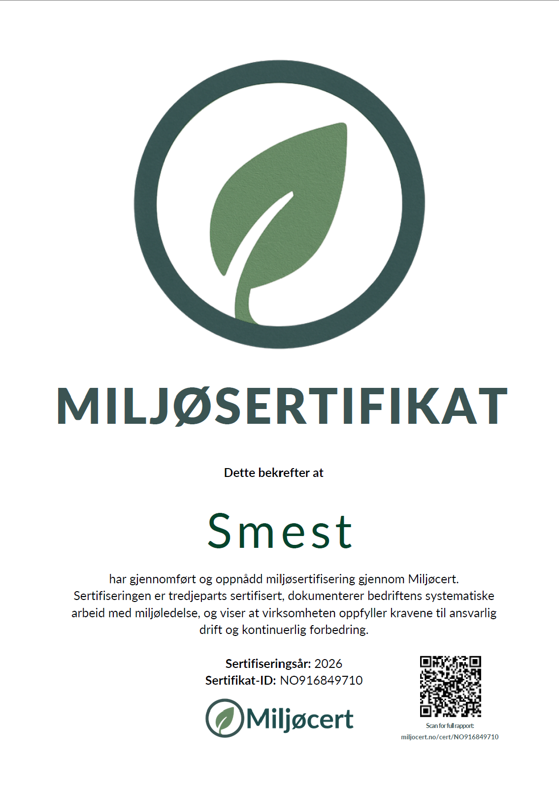 Miljøsertifikat fra Miljøcert for Smest AS